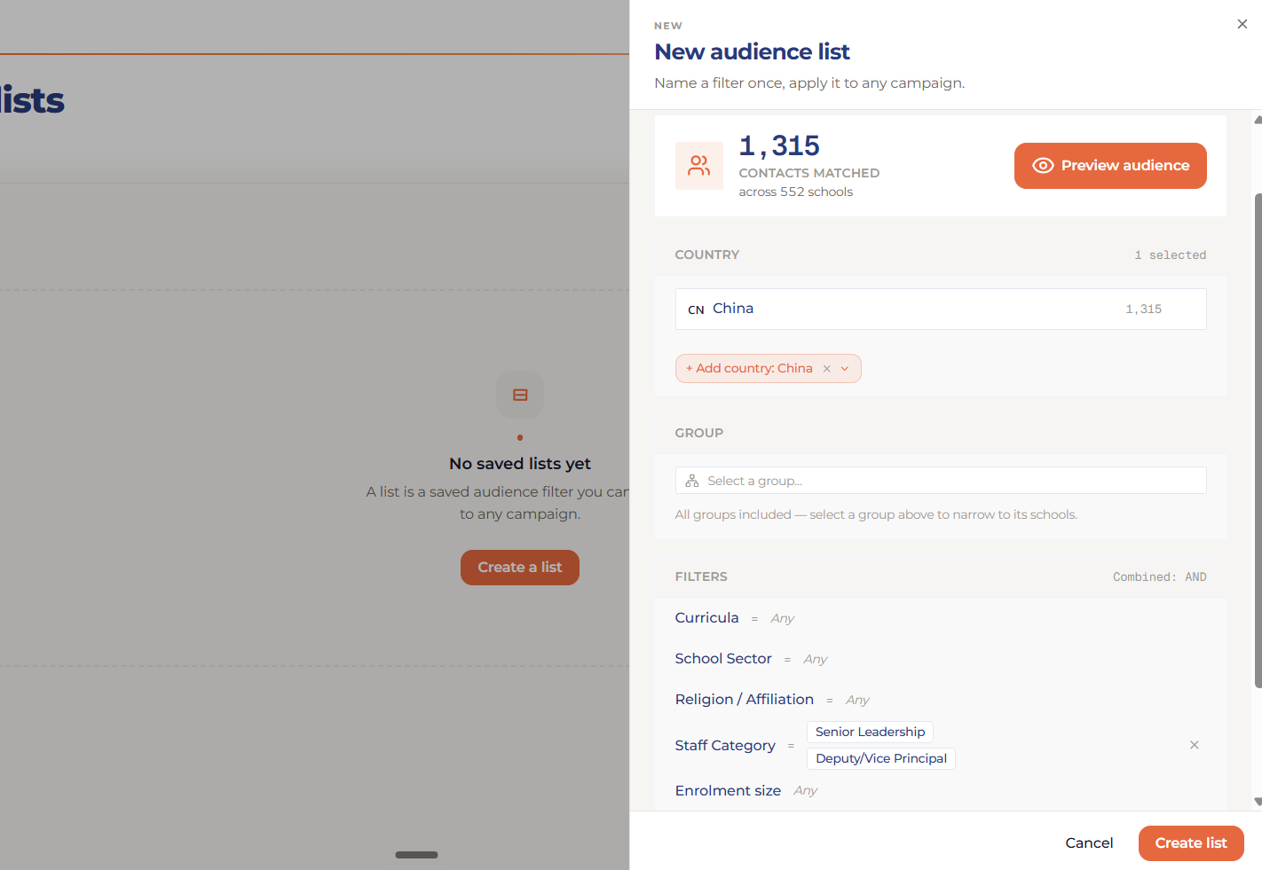 Big School Audience Builder — creating a new audience list filtered by country and staff category, showing 1,315 contacts matched across 552 schools