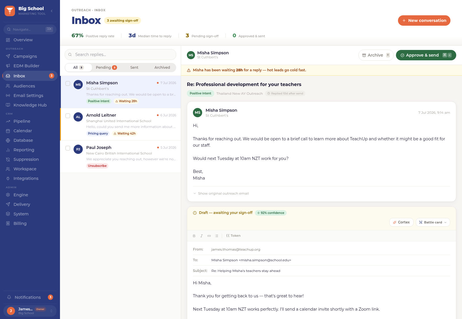 Cortex AI inbox showing a positive-intent reply