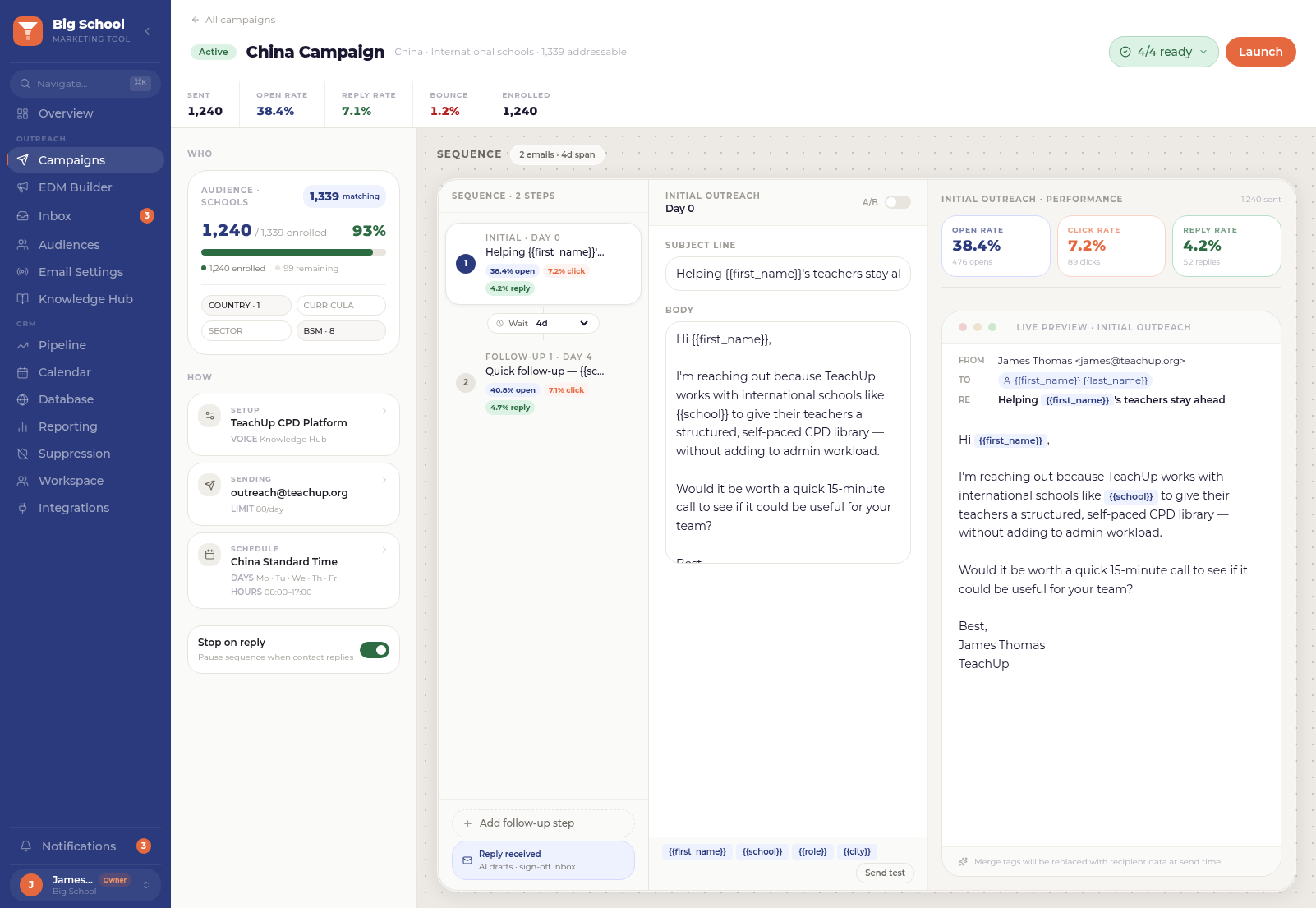 Campaigns builder showing an active multi-step campaign